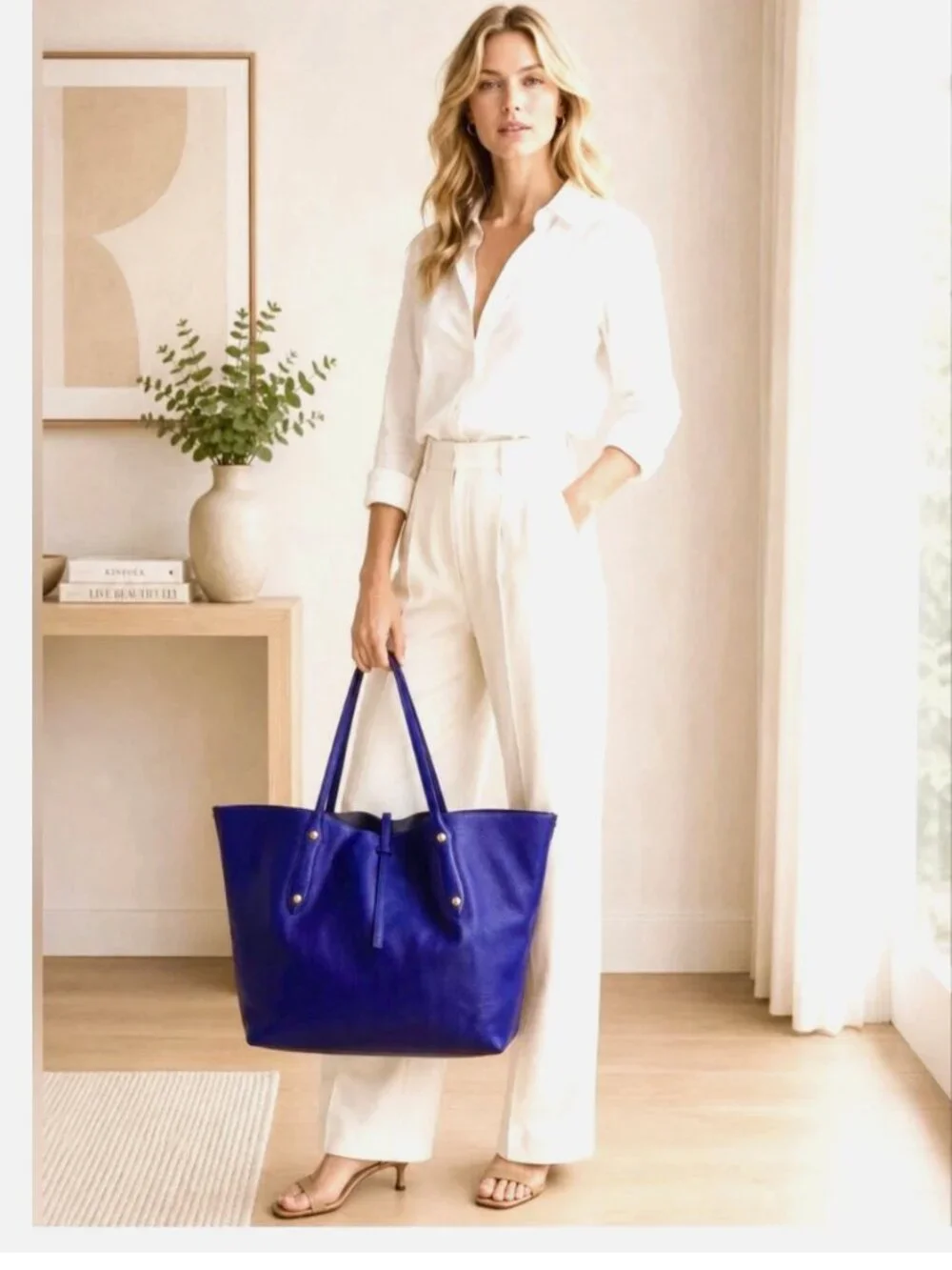 ANNABEL INGALL Isabella Tote in DEEP BLUE size LARGE -- Luxury Leather Bag!